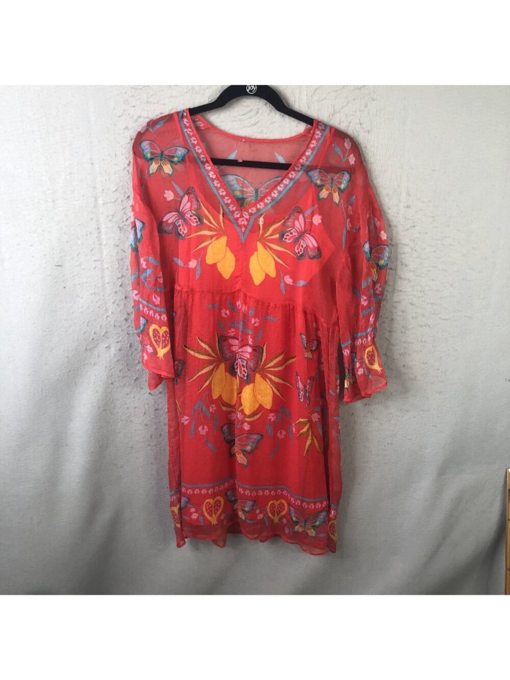 Johnny Was Dress Womens M Red Butterfly Floral Silk Sheer Kaftan Boho Shift